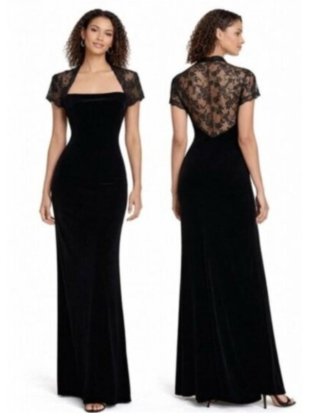 Vintage Black Velvet Lace Back Formal Gown Maxi Dress
